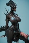  abs ai_generated alien alien_(franchise) alien_tail big_breasts big_testicles black_skin breasts dripping_semen futanari horse_penis looking_at_viewer micro_bikini muscle open_mouth pov spikes_(anatomy) tail xenomorph xenomorph_queen 