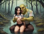  ai_generated black_hair clothes_lift grabbing_breasts grabbing_breasts_from_behind laura_kinney long_hair shrek shrek_(character) skirt 