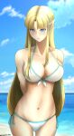  1girl 1girl abs absurd_res alluring arms_behind_back beach big_breasts bikini blue_eyes blue_sky blush cleavage cloud day front-tie_top hiby high_res long_hair navel nintendo ocean pointy_ears princess_zelda side-tie_bikini_bottom sidelocks skindentation sky swimsuit the_legend_of_zelda very_long_hair 