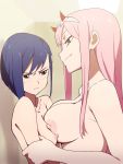 1girl 2_girls asymmetrical_docking big_breasts blue_hair blush breast-to-breast breast_envy breast_press breasts closed_mouth darling_in_the_franxx green_eyes high_resolution horns ichigo_(darling_in_the_franxx) long_hair looking_at_another monsoon multiple_girls nipples nude pink_hair red_horns short_hair size_difference small_breasts smile smirk upper_body yuri zero_two_(darling_in_the_franxx) zeroichi_(darling_in_the_franxx)