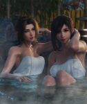 2_girls aerith_gainsborough black_hair brown_hair final_fantasy hot_spring ria-neearts tifa_lockhart wet_towel yuri