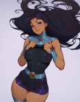  ai_generated bare_midriff blackfire dark_hair dc_comics long_hair looking_at_viewer miniskirt older older_female purple_eyes purple_hair teen_titans teen_titans_(television_series) young_adult young_adult_female young_adult_woman 