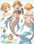  1girl absurd_res alluring armlet blonde_hair bracelet braid circlet colored_sclera crown_braid enni fins gills gradient_skin green_eyes head_fins high_res jewelry korok light_dragon_(zelda) lily_pad medium_breasts mermaid multiple_views navel necklace nintendo pointy_ears princess_zelda purple_sclera short_hair spikes stomach strapless swimming the_legend_of_zelda the_legend_of_zelda:_tears_of_the_kingdom tube_top white_tube_top 