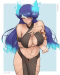  1girl absurd_res alluring big_breasts blue_fire blush brighid_(xenoblade) closed_eyes curvy fiery_hair fire high_res lao_arts long_hair looking_at_viewer meme meme_attire navel nintendo revealing_clothes xenoblade_(series) xenoblade_chronicles_2 