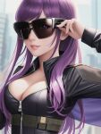  1girl big_breasts cleavage leatherjacket long_hair looking_at_viewer purple_eyes purple_hair shmebulock36 sunglasses 