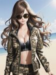 1girl army_uniform beach big_breasts bra brown_hair camo cleavage female_only grin katarina_alves long_hair looking_at_viewer namco navel open_jacket shmebulock36 sunglasses tekken tekken_7 wavy_hair