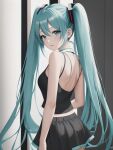  1girl bare_back bare_shoulders black_bra blue_eyes blue_hair female_only hair_ornament looking_at_viewer looking_back medium_breasts miku_hatsune shmebulock36 skirt smile twin_tails vocaloid 