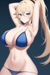 1girl alluring big_breasts bikini blonde_hair blue_eyes cleavage genshin_impact jean_gunnhildr nightcore_(artist) posing