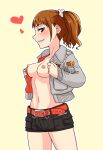 1girl alluring breasts brown_hair engine_sentai_go-onger grey_eyes grey_jacket legs no_shirt openi_jacket shorts super_sentai sutou_miu undressing