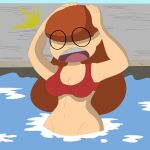  1girl bikini bikini_top bottomless brown_hair cmprince13 embarrassed embarrassed_nude_female embarrassing emma emma_(lou!) enf long_hair lou! milf pool solo_female solo_focus surprised surprised_expression wardrobe_malfunction water 