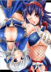  2girls ;p asuru asuru_(armor) azul_(armor) bad_id breasts capcom cleavage cum earrings fishnets futanari hairband jewelry long_hair midriff monster_hunter monster_hunter_frontier multiple_girls nargacuga_(armor) naruga naruga_(armor) one_eye_closed penis pochi-goya pochi_(pochi-goya) purple_eyes red_eyes saliva tongue tongue_out underboob wink 