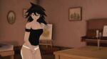  16:9 1girl anime black_hair black_shirt blush danganronpa female_focus female_masturbation hentai indoors looking_at_viewer looking_pleasured masturbation owari_akane panties_aside room shirt solo_focus squinted_eyes standing teen white_panties 