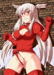  1girl blush breasts cleavage cleavage_cutout embarrassed erect_nipples female final_fantasy final_fantasy_tactics futanari head_wings headwings long_hair penis poko_chin red_eyes silver_hair solo thighhighs ultima_(fft) very_long_hair wings 