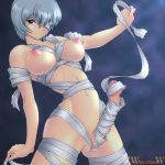  1girl arched_back bandage bandage_over_one_eye bandages big_penis blue_hair breasts censored erect_nipples futanari large_breasts naked_bandage neon_genesis_evangelion nipples no_testicles nude penis pussy red_eyes rei_ayanami short_hair slit_navel solo undressing wancozow watermark 