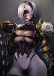  1girl absurd_res armor big_breasts black_blindfold black_gloves black_hairband black_thighhighs blindfold blue_eyes breasts clawed_gauntlets cleavage cleavage_cutout clothing_cutout covered_navel covered_nipples elbow_gloves emil_(nier) fusion gauntlets gloves grey_hair hair_over_one_eye hairband high_res highleg highleg_leotard holding holding_weapon isabella_valentine leotard lipstick looking_at_viewer makeup multicolored_leotard nier:_automata nier_(series) nose one_eye_covered pauldrons red_lips revealing_clothes short_hair shoulder_armor single_gauntlet single_pauldron soul_calibur stockings thick_thighs thighs under_boob underboob_cutout weapon whip_sword xuuikie_ashe yorha_no._2_type_b 