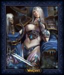 azazel1944 bikini bikini_armor bikini_bottom boots breasts death_knight futanari gloves helmet lady_blaumeux linked_piercing midriff nipple_piercing nipples piercing purple_eyes silver_hair swimsuit sword thigh_boots thighhighs throne topless waist_cincher warcraft weapon world_of_warcraft