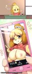 1girl animal_crossing anthro big_breasts blush breasts canid canine canis cellphone clothed clothing domestic_dog flashing fur furry hair high_res huge_breasts isabelle_(animal_crossing) looking_at_viewer mammal musical_note nintendo nipples one_eye_closed phone princess_hinghoi selfpic shih_tzu smile smirk tongue tongue_out toy_dog v video_games wink