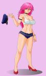 blush bracelet breasts capcom choker cleavage final_fight futanari green_eyes hat high_heels highres hot_pants jewelry lipstick makani_kohitujito makeup pink_hair poison poison_(final_fight) shoes short_shorts shorts smile street_fighter