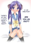  abubu blue_eyes blush erection flat_chest futanari gradient gradient_background hard_translated hiiragi_kagami long_hair lucky_star nounanka panties penis precum purple_hair ribbon school_uniform serafuku sitting skirt solo striped striped_panties thighhighs translated tsundere twintails underwear 