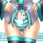  1girl :3 aqua_hair futanari hands_on_hips hatsune_miku headset miku_hatsune necktie no_pants panties penis penis_in_panties sexually_suggestive solo spring_onion striped striped_panties thigh_gap thighhighs thighs twin_tails underwear vocaloid what yoshi_tama 