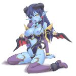  1futa arm_support astaroth_(shinrabanshou) black_sclera blue_skin blush boots breasts demon_girl earrings elbow_gloves futa_only futanari gloves heart heart_earrings hinemosu hinemosu_notari horns jewelry kneel long_hair masturbation precum purple_boots purple_hair shinrabanshou solo_futa succubus sweat tail tail_masturbation tailjob wings yellow_eyes 