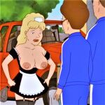 blonde_hair breasts breasts_out_of_clothes edit erect_nipples french_maid french_maid_uniform hank_hill huge_areolae huge_breasts king_of_the_hill luanne_platter maid_uniform niece peggy_hill screenshot_edit stockings thighs topless_(female)