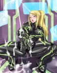  anus blonde_hair blue_eyes blush bodysuit bulge cameltail censored cum cum_on_body cum_on_clothes cum_on_lower_body cum_pool cumpool damu_otoko ejaculation futanari lipstick long_hair makeup masturbation metroid naughty_face open_mouth orgasm penis ponytail pussy samus_aran sex skin_tight solo spread_legs squat squatting sweat 