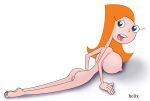  1girl 1girl 1girl back_view barefoot blue_eyes breasts candace_flynn disney disney_channel eyebrows eyelashes feet female_only helix laying_down looking_at_viewer nipples nude orange_hair phineas_and_ferb pink_nipples pussy pussy sideboob teeth toes white_background 