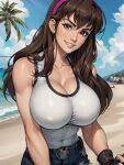  1girl ai_generated alluring athletic_female beach big_breasts blue_sky brown_hair dead_or_alive dead_or_alive_2 dead_or_alive_3 dead_or_alive_4 dead_or_alive_5 dead_or_alive_6 dead_or_alive_xtreme dead_or_alive_xtreme_2 dead_or_alive_xtreme_3 dead_or_alive_xtreme_3_fortune dead_or_alive_xtreme_beach_volleyball dead_or_alive_xtreme_venus_vacation fit_female hairband hitomi hitomi_(doa) jeans sochraide tank_top tecmo 