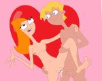  1boy 1girl 2024 barefoot blue_eyes breasts candace_flynn chest_tuft cndhpr cum cum_in_pussy disney disney_channel eyebrows eyelashes feet grin heart human jeremy_johnson leg_grab natekaplace navel nipples open-mouth_smile orange_hair penis penis_in_pussy phineas_and_ferb pink_background pussy toes yellow_hair 