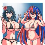  2_girls alear_(female)_(fire_emblem) alear_(fire_emblem) alluring alternate_costume bikini black_bikini black_swimsuit blue_bikini blue_eye blue_swimsuit breasts byleth_(fire_emblem) byleth_(fire_emblem)_(female) double_v female_only fire_emblem fire_emblem:_three_houses fire_emblem_engage fire_emblem_heroes heterochromia looking_at_viewer multicolored_hair nintendo official_alternate_costume red_and_blue_eyes red_and_blue_hair red_bikini red_eyes red_hair red_swimsuit swimsuit teal_hair theyosinoba v 