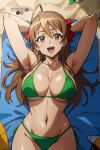 1girl ai_generated armpits arms_behind_head beach big_breasts bikini breasts brown_eyes brown_hair cleavage green_bikini high_res highschool_of_the_dead legs long_hair looking_at_viewer lying pose posing rei_miyamoto sensual sexy_armpits stable_diffusion thighs thong_bikini