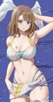  1girl abdomen alluring amayo_thranana arm_up asymmetrical_bangs bangs bare_arms bare_legs bare_shoulders big_breasts bikini blue_bikini blue_eyes blue_swimsuit blush breast_tattoo breasts brown_hair choker cleavage eunie_(xenoblade) hand_on_head high_res hourglass_figure long_hair midriff navel nintendo smile swimsuit thick_thighs thigh_strap thighs towel towel_around_waist voluptuous water white_bikini white_choker white_swimsuit wide_hips wings xenoblade_(series) xenoblade_chronicles_3 