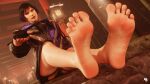  1girl 3d barefoot black_hair bob_cut clothed_female feet jacket looking_at_viewer namco purple_eyes purple_hair reina_(tekken) ryona-ashi short_hair soles tekken tekken_8 toes 