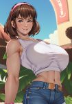  1girl ai_generated alluring athletic_female blue_eyes brown_hair dead_or_alive dead_or_alive_2 dead_or_alive_3 dead_or_alive_4 dead_or_alive_5 dead_or_alive_6 dead_or_alive_xtreme dead_or_alive_xtreme_2 dead_or_alive_xtreme_3 dead_or_alive_xtreme_3_fortune dead_or_alive_xtreme_beach_volleyball dead_or_alive_xtreme_venus_vacation female_abs fit_female hitomi hitomi_(doa) jeans shirt sochraide tecmo 