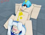  2boys blue_hair blush brown_hair happy hoodie leg_grab peeing peeing_self roblox roblox_avatar sucking yaoi 