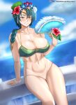  1girl abs absurd_res alluring alternate_costume arm_support athletic_female bare_legs bare_thighs big_breasts bikini blush braid breasts brown_eyes cleavage day female_abs female_only fire_emblem fire_emblem_heroes fit_female flower green_bikini green_swimsuit grin hand_fan high_res hocen legs lips looking_at_viewer medium_hair naked_from_the_waist_down navel nintendo ocean outside pussy single_braid smile teal_hair thighs thorr_(fire_emblem) thorr_(summer)_(fire_emblem) 