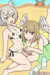 2_girls :3 alluring barefoot beach bikini blue_eyes breast_tattoo brown_hair cat_ears crab cute eunie_(xenoblade) eyebrows_visible_through_hair feet female_only grey_hair head_wings high_entia light-skinned_female looking_at_viewer mio_(xenoblade) nintendo outside sand smile swimsuit tattoo_on_breast teliodraw tied_bikini toes xenoblade_(series) xenoblade_chronicles_3 yellow_eyes