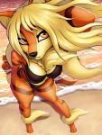  1girl arcanine beach big_ass big_breasts bikini canine cute fluffy_tail long_hair orange_skin pokemon posing seductive tailsrulz white_hair yellow_hair 