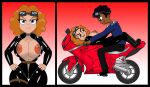 1boy 1girl black_boots black_shirt blue_eyes breasts brown_hair dark-skinned_male dark_skin disney disney_channel disney_xd eyebrows eyelashes ferozyraptor laying_down looking_at_viewer melissa_chase milo_murphy's_law motorcycle navel nipples orange_hair smiling_at_viewer zack_underwood