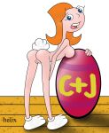  1girl 1girl 2015 ass blue_eyes bunny_tail candace_flynn disney disney_channel easter easter_egg egg eyebrows eyelashes female_only looking_at_viewer open-mouth_smile orange_hair penis phineas_and_ferb pussy sexy sexy_ass shiny shiny_skin sideboob smiling_at_viewer white_background white_shoes 