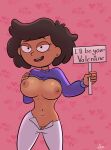  1girl amphibia atnog big_breasts breasts breasts_out brown_hair dark-skinned_female dark_skin disney disney_channel earrings english_text exposed_breasts female female_focus female_only looking_at_viewer mature_female milf mother mrs._boonchuy nipples oum_boonchuy pants pants_down pussy red_background shaved_pussy simple_background solo_female straight_hair sweater sweater_lift valentine&#039;s_day 