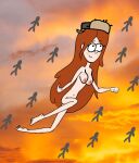  1girl 1girl 2024 bare_legs barefoot black_eyes breasts breasts brown_hair closed_mouth clouds disney disney_channel disney_xd eyebrows eyelashes feet female_only floating flying hat navel nipples open_eyes sky toes wendy_corduroy 