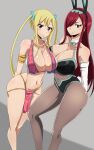  1girl 2_girls belly_dancer big_breasts blonde_hair bunny_girl bunnysuit erza_scarlet fairy_tail female_focus female_only harem_girl harem_outfit lucy_heartfilia red_hair the_amazing_gambit 