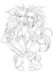  2girls armor boots breast_press breasts capcom cosine detached_sleeves futanari hairband highres horn horns huge_breasts kirin kirin_(armor) midriff monochrome monster_hunter multiple_girls nargacuga_(armor) naruga naruga_(armor) 