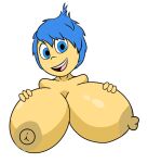  1girl 2024 alternate_breast_size big_breasts blue_hair breast_grab breasts breasts_bigger_than_head disney female_only fv1883draws giant_breasts huge_breasts inside_out joy_(inside_out) looking_at_viewer nipples open-mouth_smile pixar simple_background solo_female upper_body white_background yellow_skin 