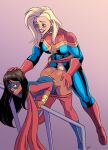  adult aeolus age_difference ambiguous_penetration bent_over blonde_hair brown_skin bwc captain_marvel carol_danvers dark-skinned_female doggy_position from_behind futanari interracial kamala_khan light-skinned_female long_hair marvel marvel_comics mature_futa ms._marvel older_female older_futanari pants_down standing_sex superheroine teen teenage_girl young_adult younger_female 