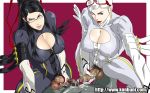  2futas bayonetta bayonetta_(character) big_breasts boob_window cum cumming_penis dagashiya dick_nipples futanari glasses group_sex jeanne_(bayonetta) konbuni kouin_n looking_at_viewer nipples_visible_through_clothing pov pregnant twins witch 