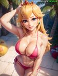 1girl alluring athletic_female big_breasts big_eyes bikini blonde_hair blue_eyes breasts cleavage crown earrings female_abs female_only fit_female high_res illumination_entertainment light-skinned_female light_skin long_hair looking_at_viewer mario_(series) nintendo outside panda_ai pink_bikini princess_peach smile standing super_mario_bros. super_mario_bros._(2023_film) swimsuit the_super_mario_bros._movie the_super_mario_bros_movie thighs voluptuous