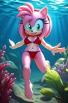 1girl ai_generated amy_rose anthro barefoot bikini breasts emilioperezc2001 feet female freediving furry hedgehog looking_at_viewer medium_breasts navel ocean red_bikini red_swimsuit sea sega side-tie_bikini solo sonic_(series) sonic_the_hedgehog_(series) swimming swimsuit underwater water